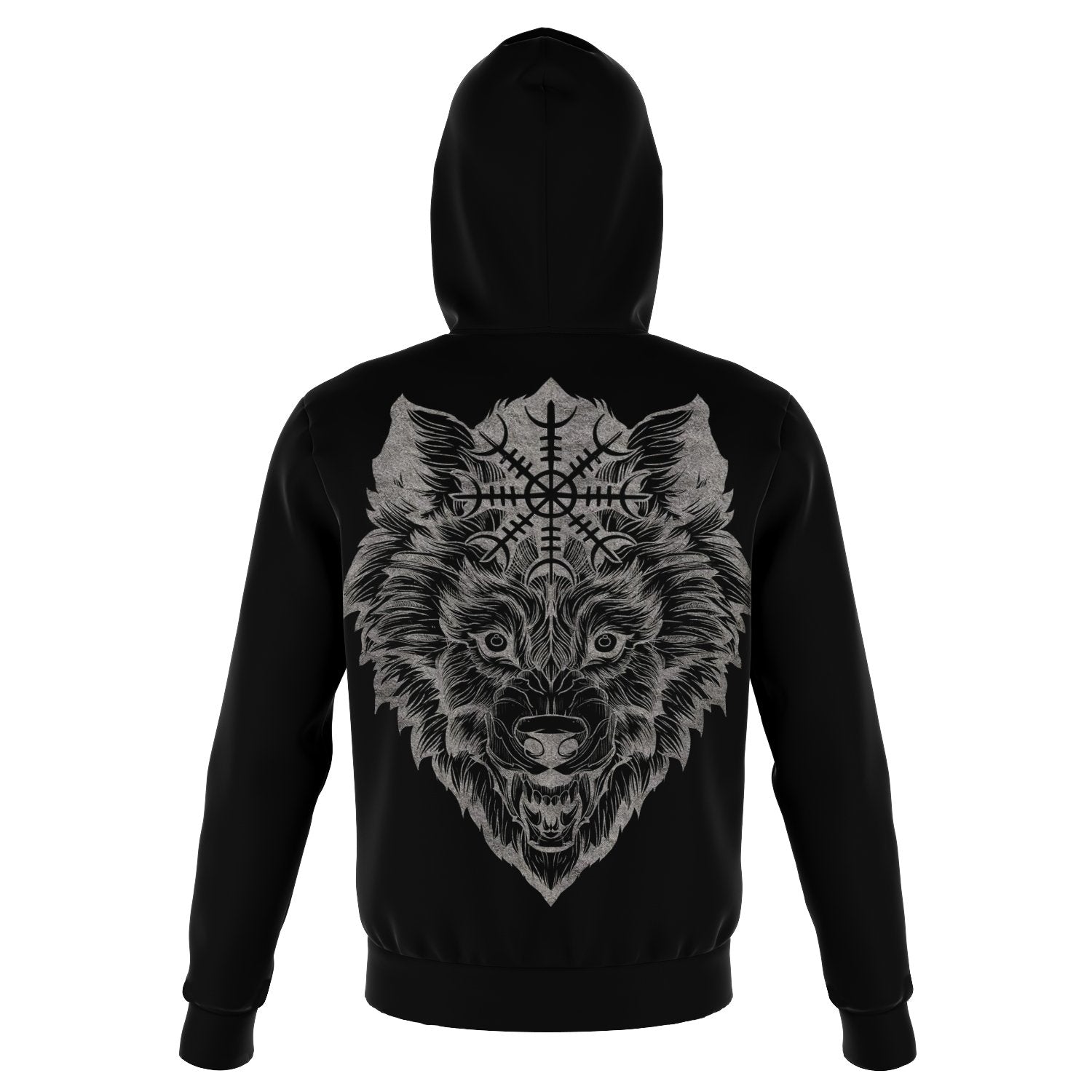 Wolf Head with Helm of Awe Hoodie Back - VikingsBrand