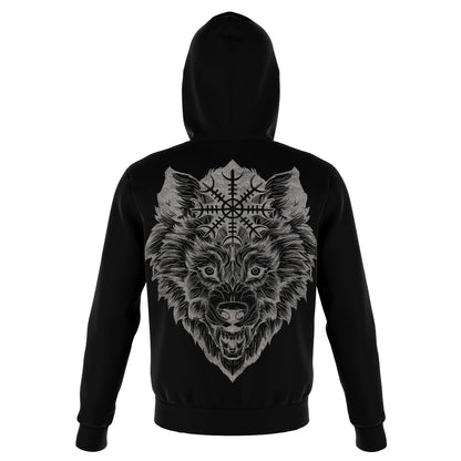 Wolf Head with Helm of Awe Hoodie Back - VikingsBrand