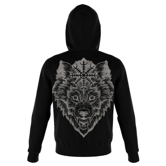 Wolf Head with Helm of Awe Hoodie Back - VikingsBrand