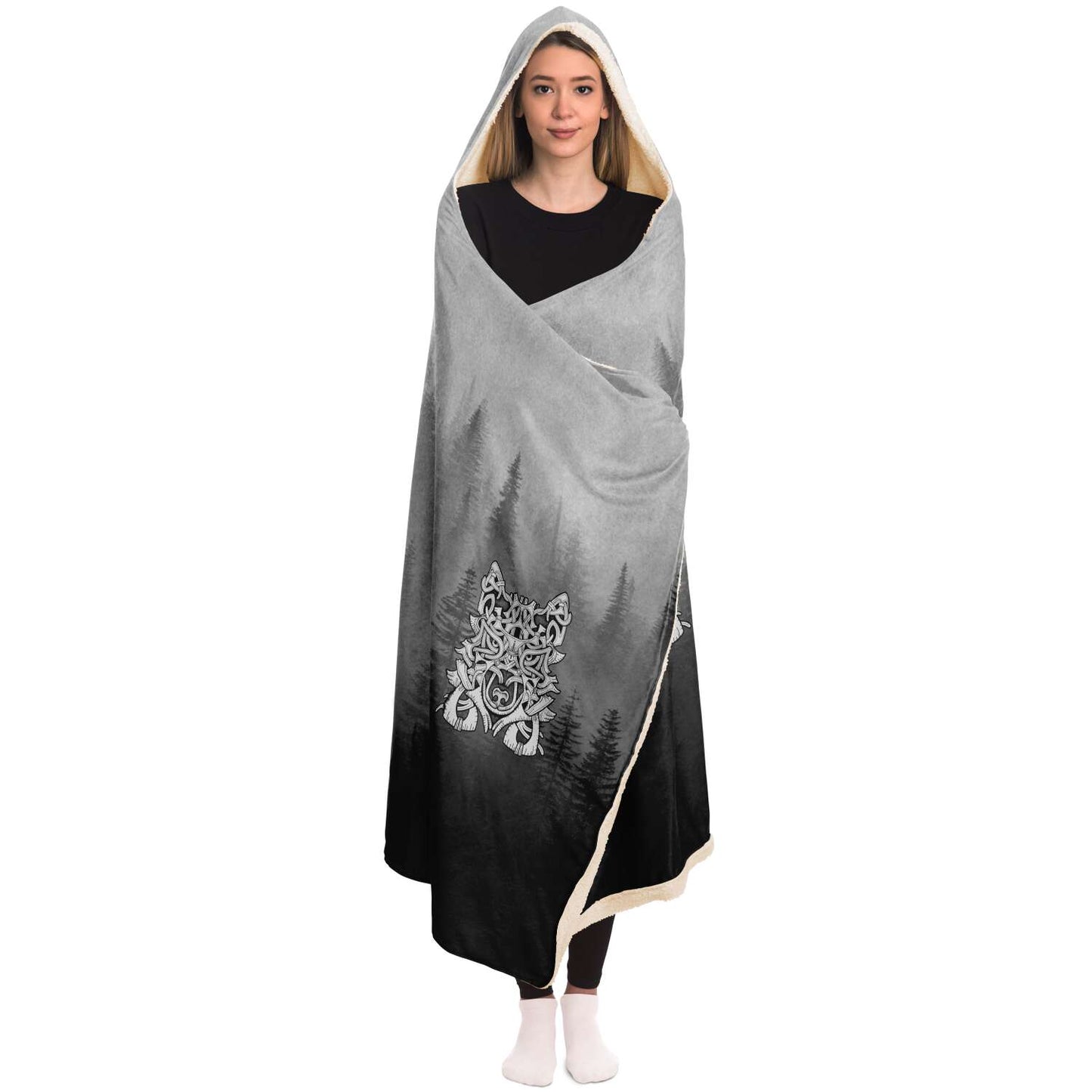 Wolf in Spruce Forest Viking Hooded Blanket