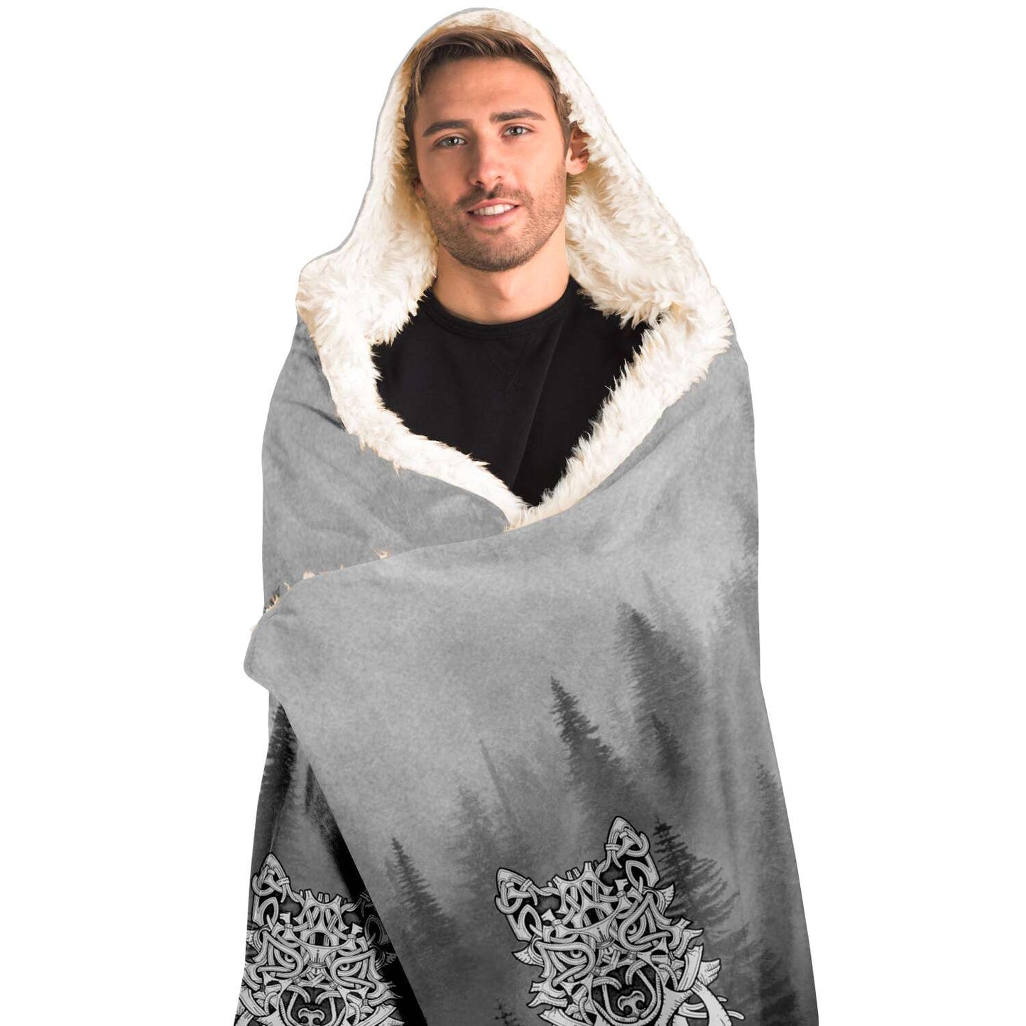 Wolf in Spruce Forest Viking Hooded Blanket