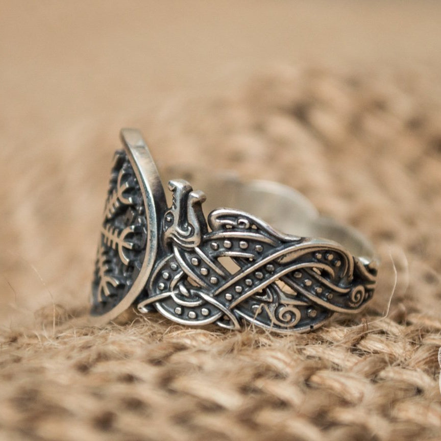 Wolf Style Helm of Awe Symbol 925 Sterling Silver Norse Ring - VikingsBrand