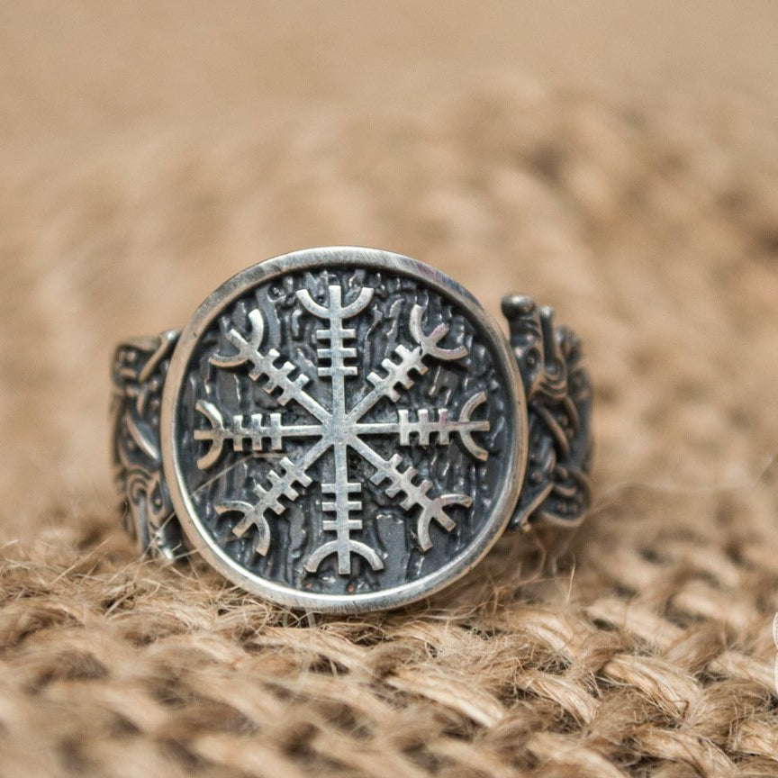 Wolf Style Helm of Awe Symbol 925 Sterling Silver Norse Ring - VikingsBrand