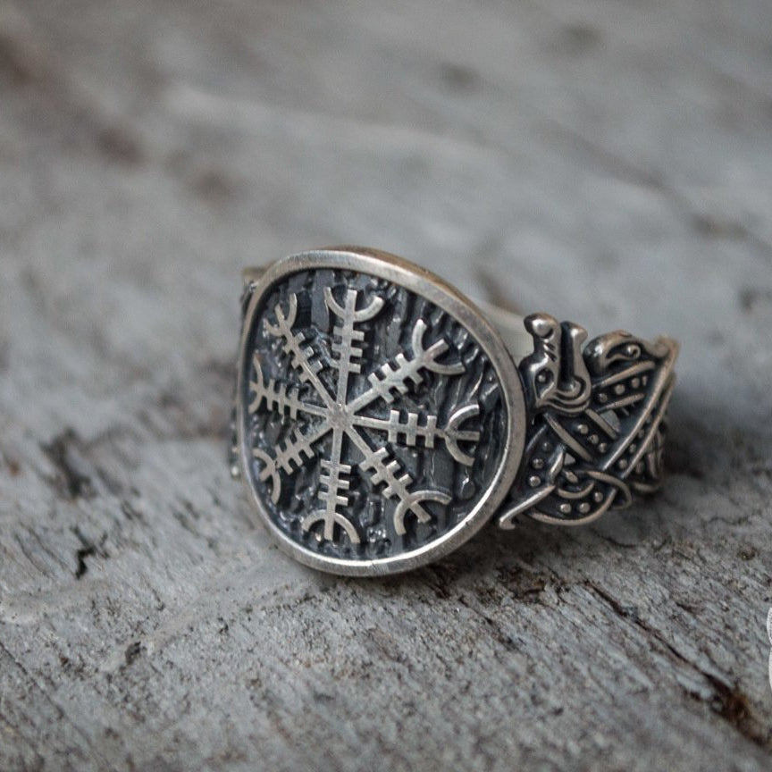 Wolf Style Helm of Awe Symbol 925 Sterling Silver Norse Ring - VikingsBrand