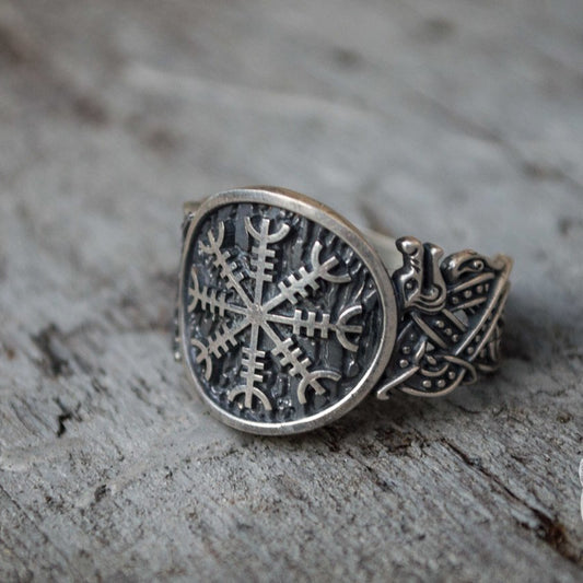 Wolf Style Helm of Awe Symbol 925 Sterling Silver Norse Ring - VikingsBrand