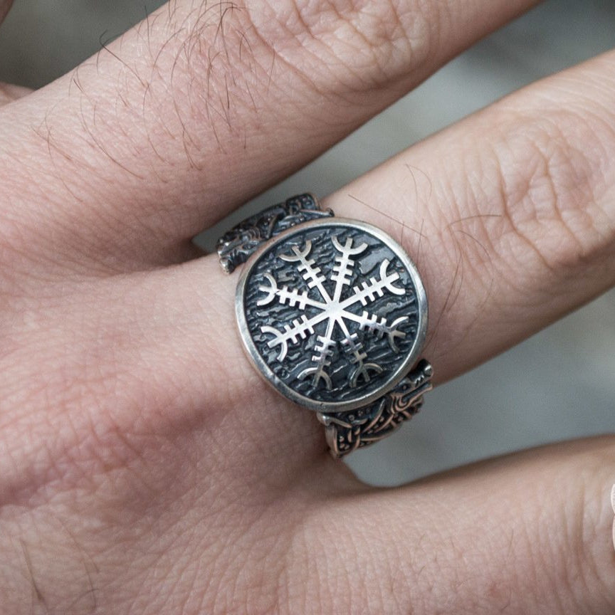 Wolf Style Helm of Awe Symbol 925 Sterling Silver Norse Ring - VikingsBrand