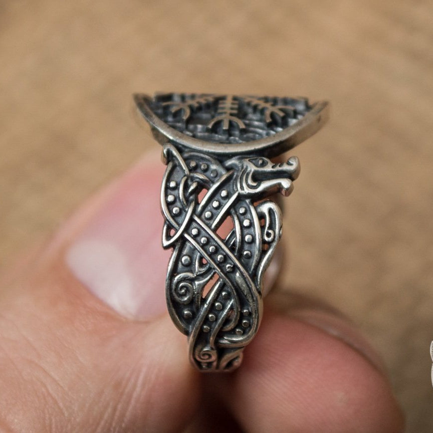 Wolf Style Helm of Awe Symbol 925 Sterling Silver Norse Ring - VikingsBrand