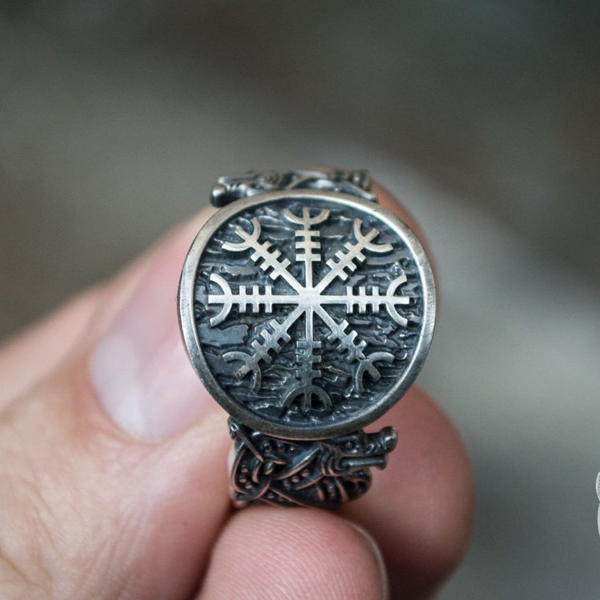 Wolf Style Helm of Awe Symbol 925 Sterling Silver Norse Ring - VikingsBrand
