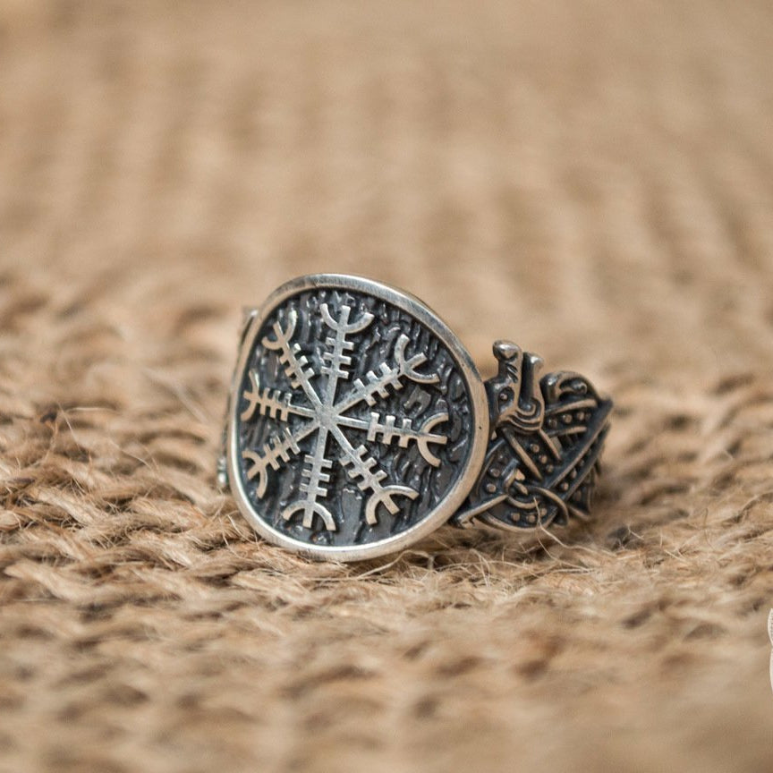 Wolf Style Helm of Awe Symbol 925 Sterling Silver Norse Ring - VikingsBrand
