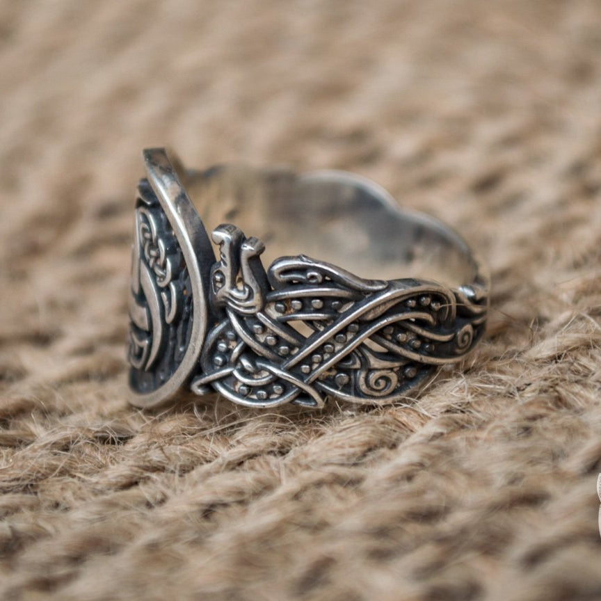 Wolf Style Odin Horn Symbol 925 Sterling Silver Viking Ring - VikingsBrand