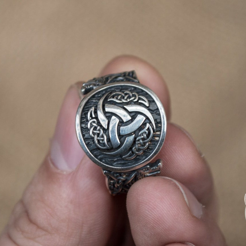Wolf Style Odin Horn Symbol 925 Sterling Silver Viking Ring - VikingsBrand