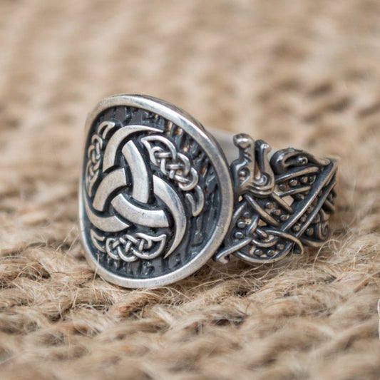 Wolf Style Odin Horn Symbol 925 Sterling Silver Viking Ring - VikingsBrand