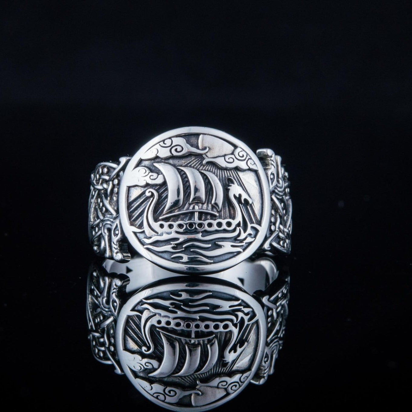Wolf Style Ornament Drakkar Symbol 925 Sterling Silver Viking Ring - VikingsBrand