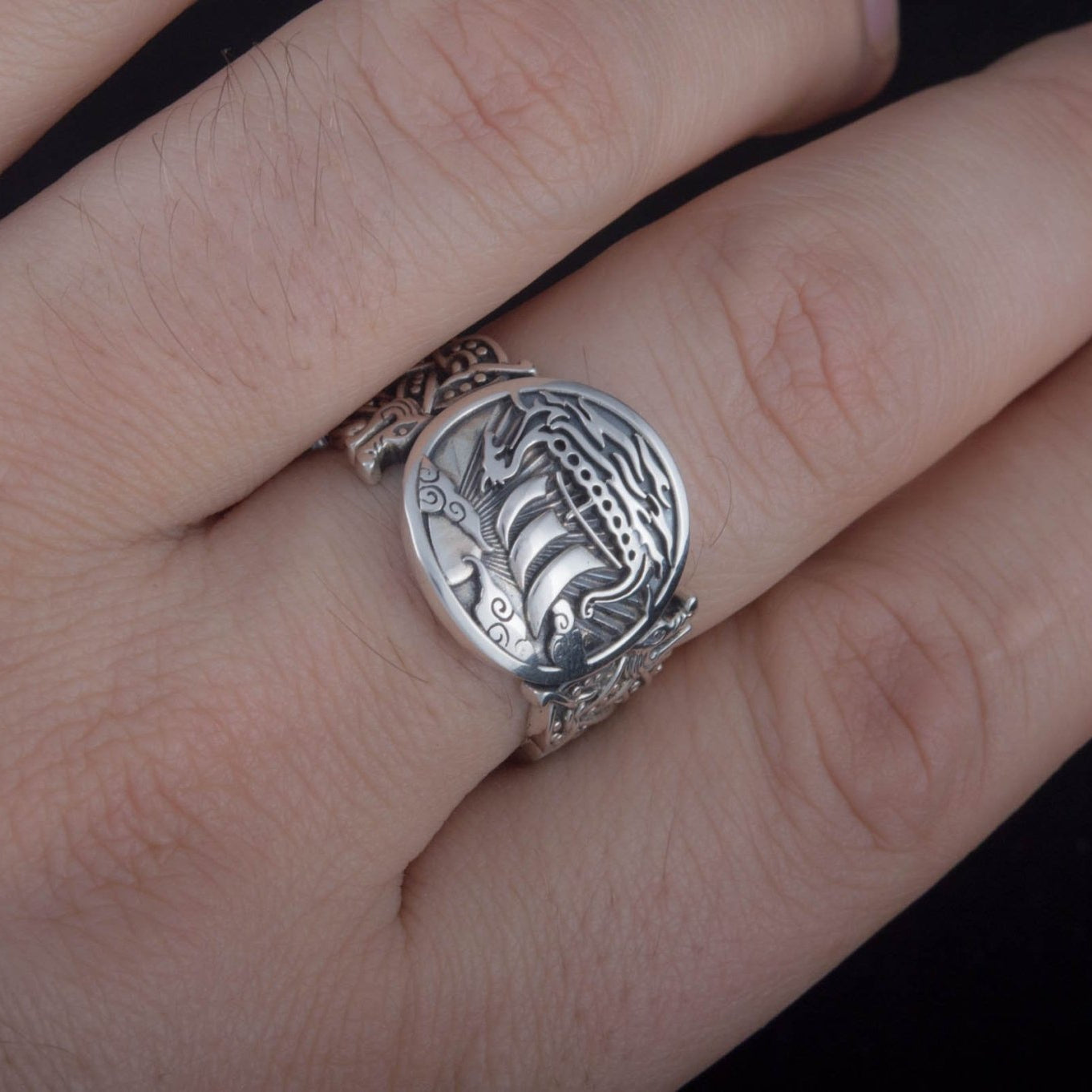 Wolf Style Ornament Drakkar Symbol 925 Sterling Silver Viking Ring - VikingsBrand