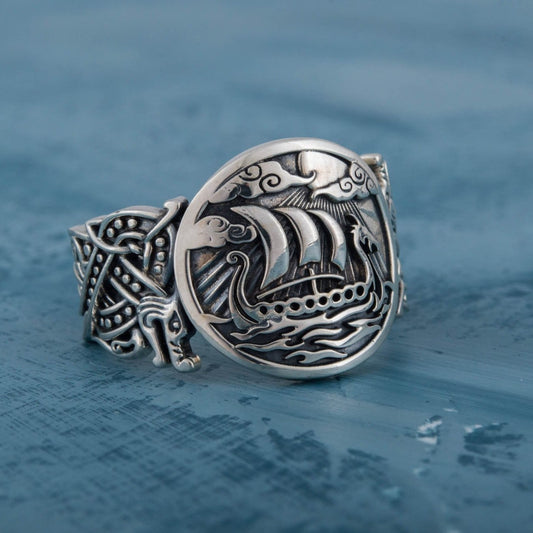Wolf Style Ornament Drakkar Symbol 925 Sterling Silver Viking Ring - VikingsBrand
