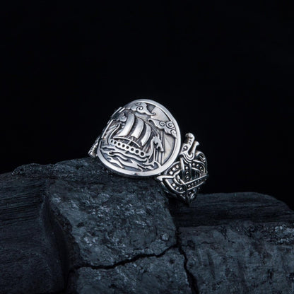 Wolf Style Ornament Drakkar Symbol 925 Sterling Silver Viking Ring - VikingsBrand