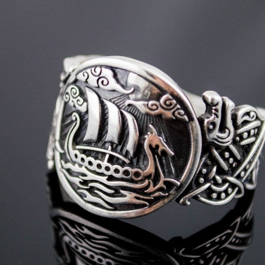 Wolf Style Ornament Drakkar Symbol 925 Sterling Silver Viking Ring - VikingsBrand