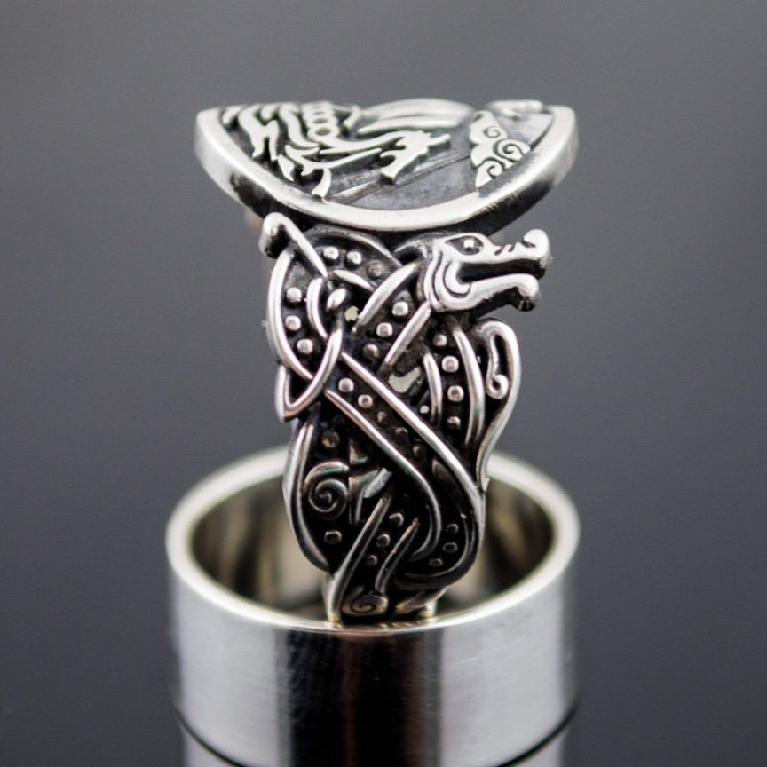 Wolf Style Ornament Drakkar Symbol 925 Sterling Silver Viking Ring - VikingsBrand