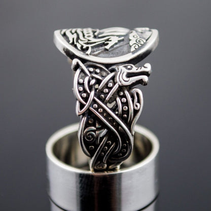 Wolf Style Ornament Drakkar Symbol 925 Sterling Silver Viking Ring - VikingsBrand