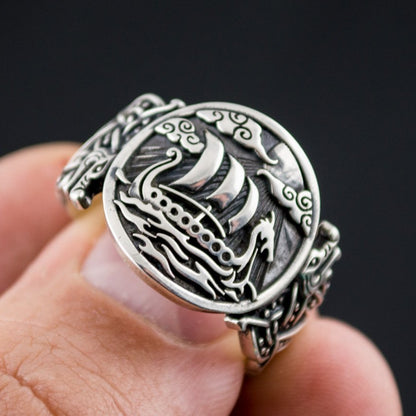 Wolf Style Ornament Drakkar Symbol 925 Sterling Silver Viking Ring - VikingsBrand