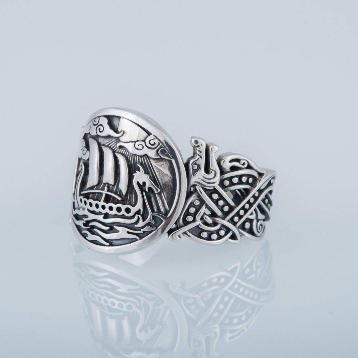 Wolf Style Ornament Drakkar Symbol 925 Sterling Silver Viking Ring - VikingsBrand