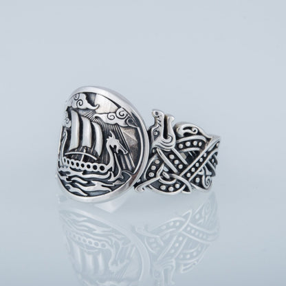 Wolf Style Ornament Drakkar Symbol 925 Sterling Silver Viking Ring - VikingsBrand