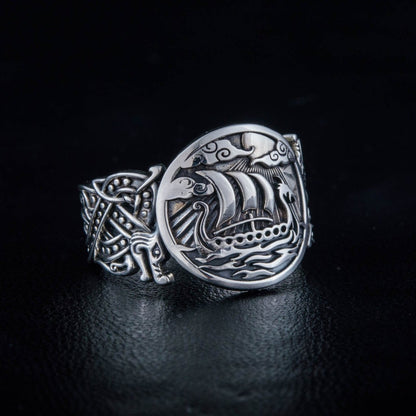 Wolf Style Ornament Drakkar Symbol 925 Sterling Silver Viking Ring - VikingsBrand