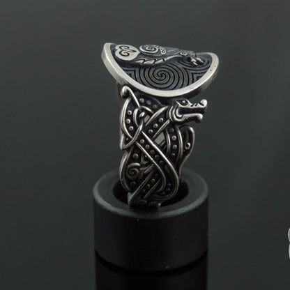 Wolf Style Owl Symbol 925 Sterling Silver Viking Ring - VikingsBrand