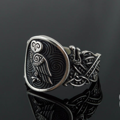 Wolf Style Owl Symbol 925 Sterling Silver Viking Ring - VikingsBrand