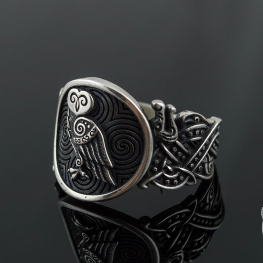 Wolf Style Owl Symbol 925 Sterling Silver Viking Ring - VikingsBrand