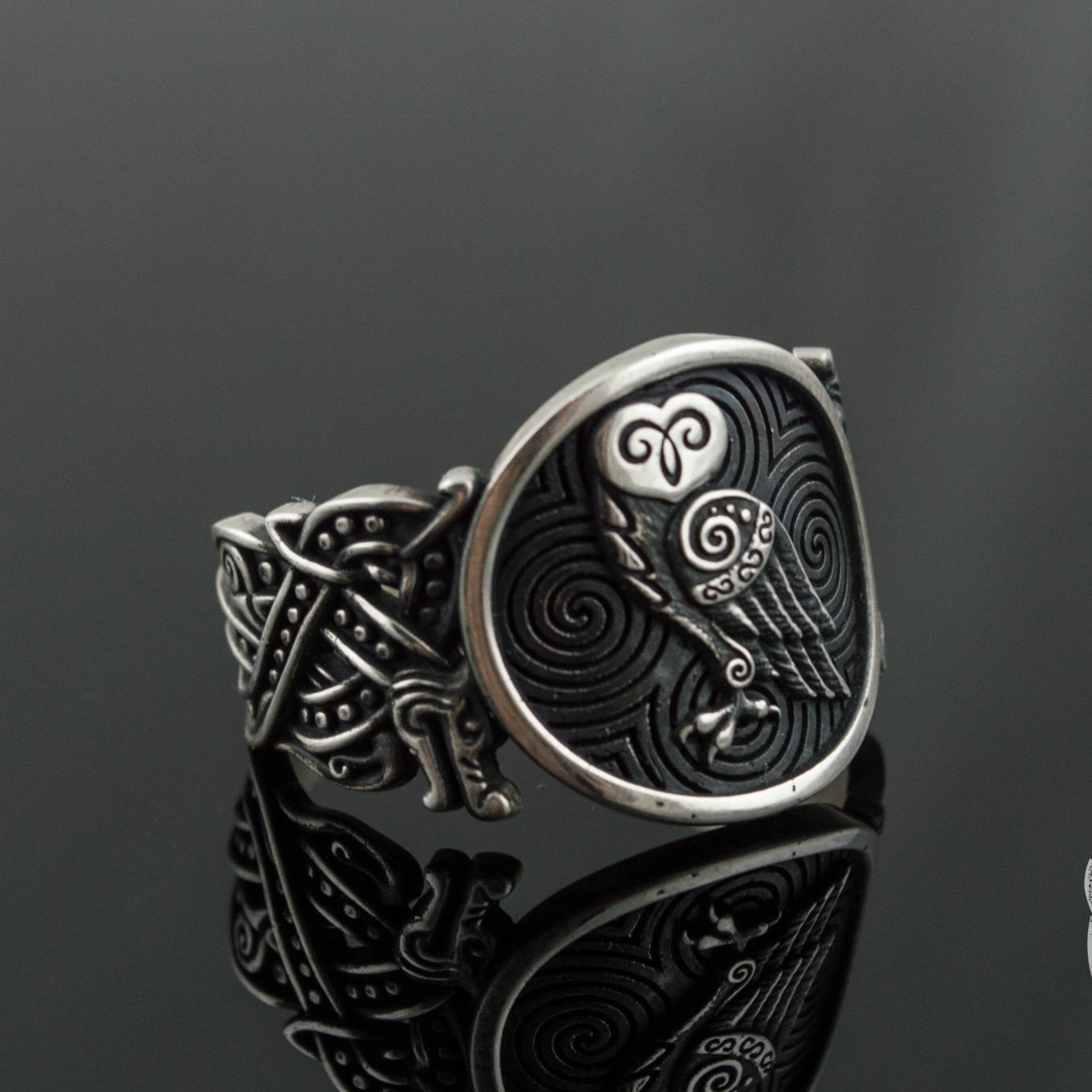 Wolf Style Owl Symbol 925 Sterling Silver Viking Ring - VikingsBrand