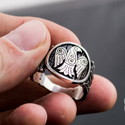 Wolf Style Raven Symbol 925 Sterling Silver Viking Ring - VikingsBrand
