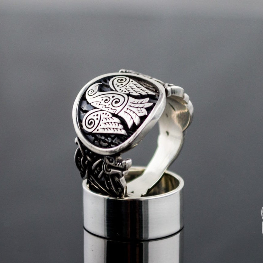Wolf Style Raven Symbol 925 Sterling Silver Viking Ring - VikingsBrand