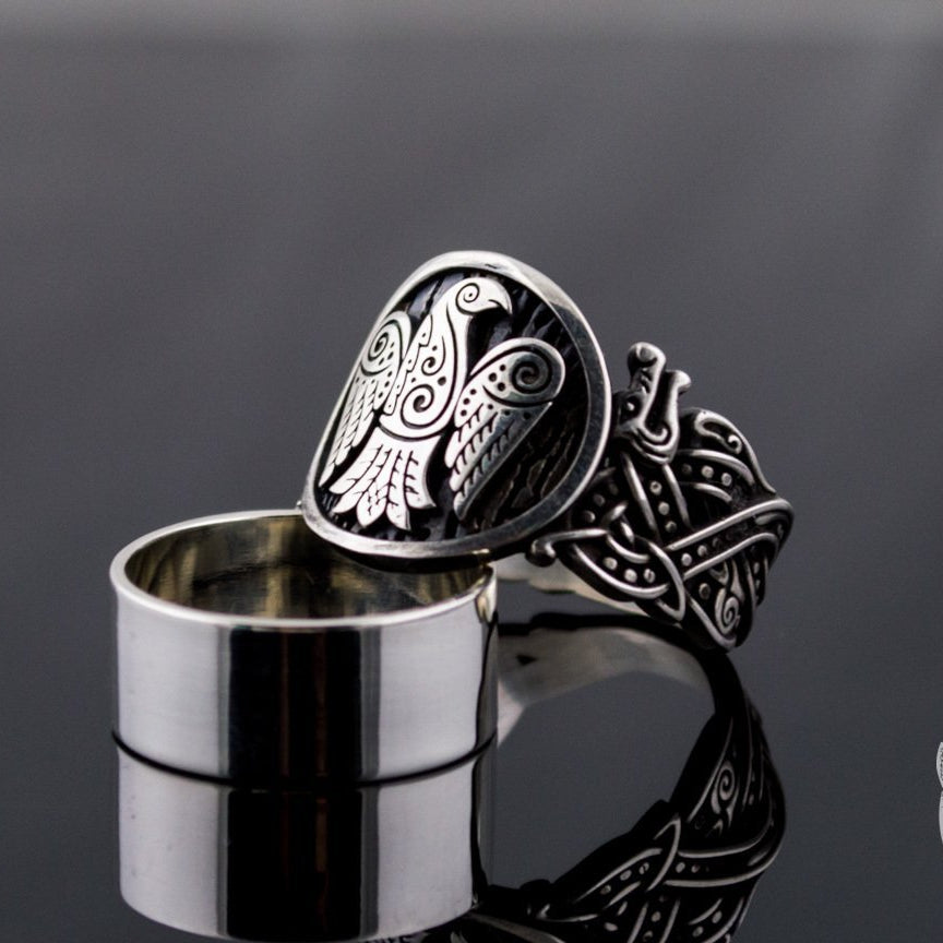 Wolf Style Raven Symbol 925 Sterling Silver Viking Ring - VikingsBrand