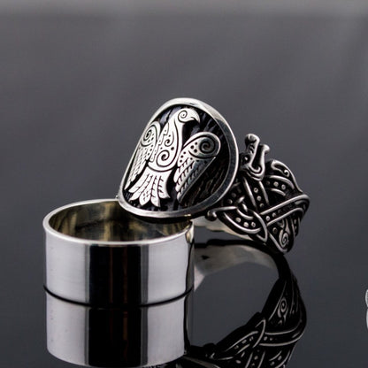 Wolf Style Raven Symbol 925 Sterling Silver Viking Ring - VikingsBrand