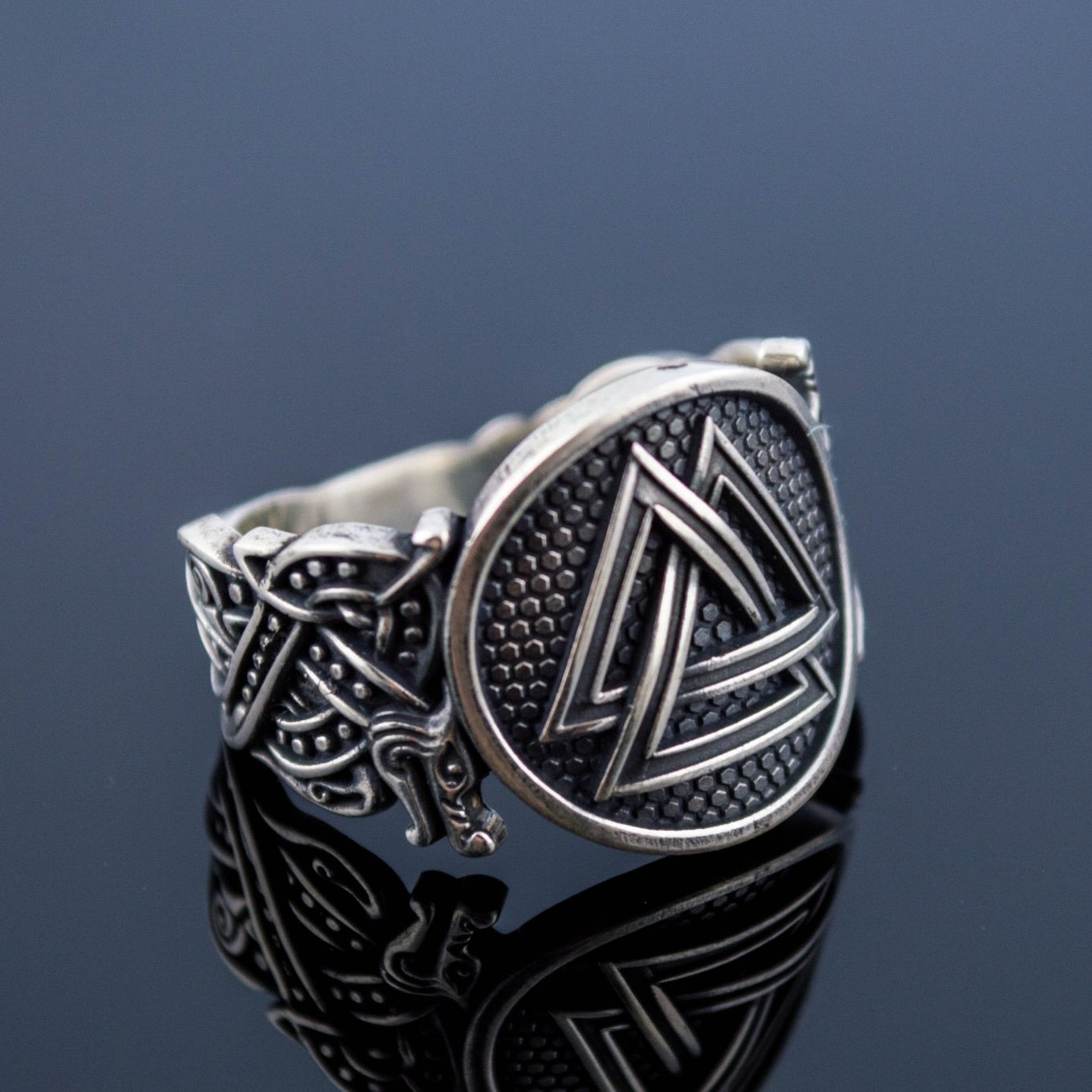 Wolf Style Valknut Symbol 925 Sterling Silver Norse Ring - VikingsBrand
