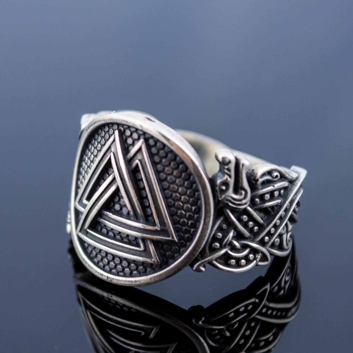 Wolf Style Valknut Symbol 925 Sterling Silver Norse Ring - VikingsBrand