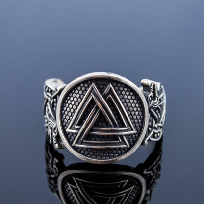 Wolf Style Valknut Symbol 925 Sterling Silver Norse Ring - VikingsBrand