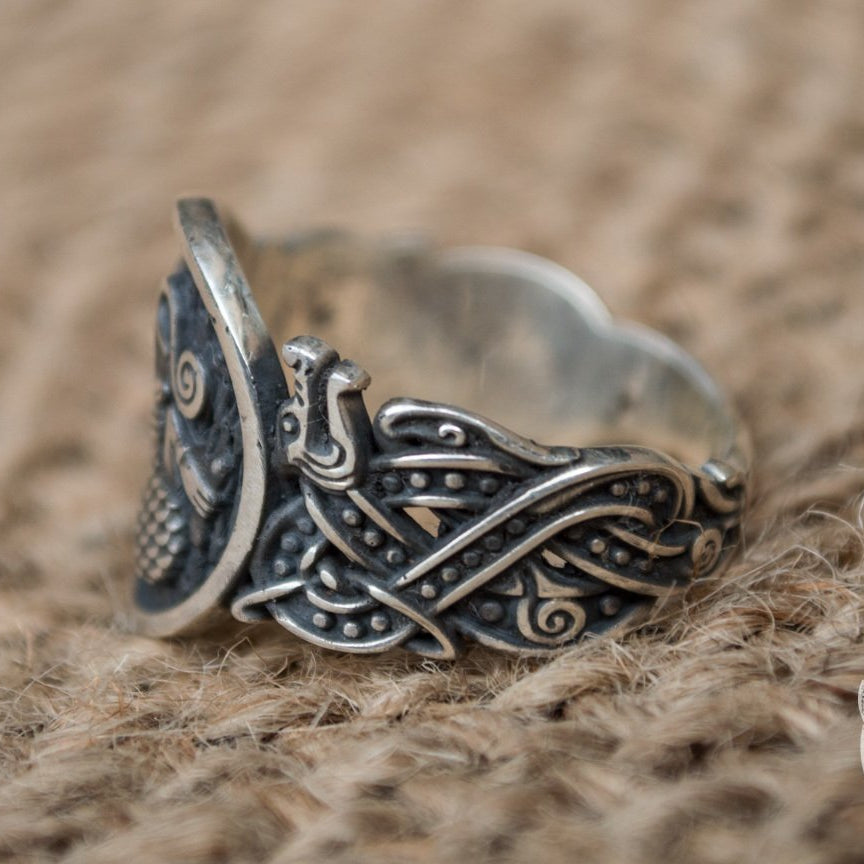 Wolf Style with Norse Ornament 925 Sterling Silver Viking Ring - VikingsBrand