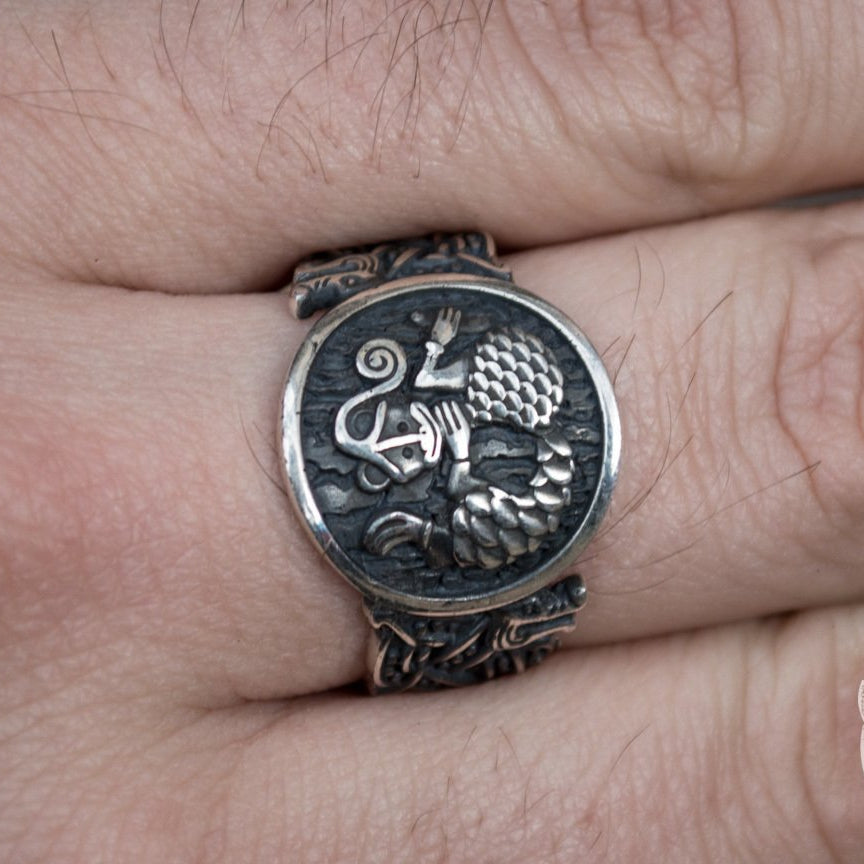 Wolf Style with Norse Ornament 925 Sterling Silver Viking Ring - VikingsBrand