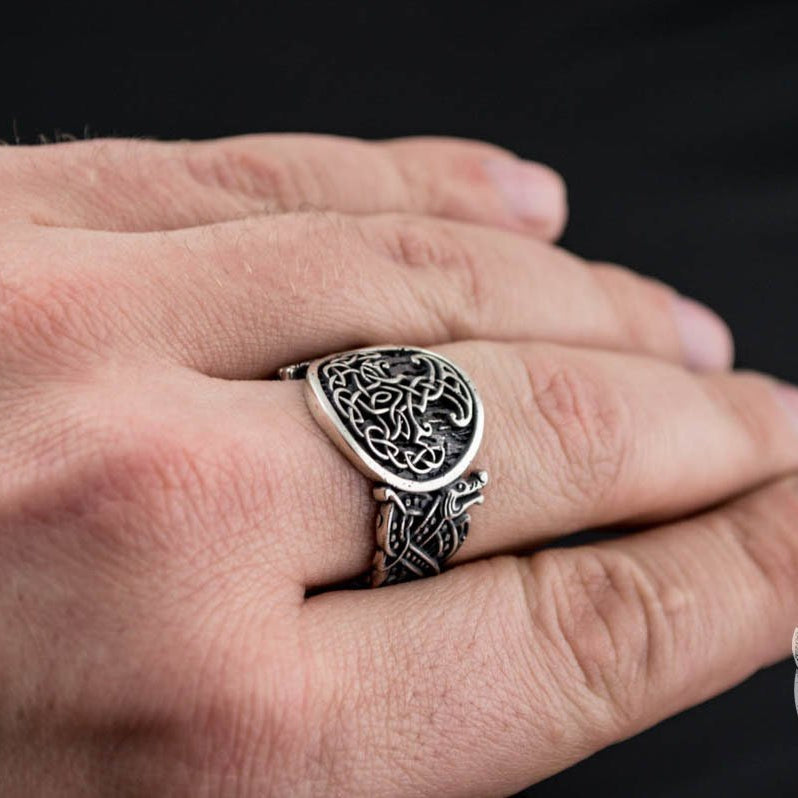 Wolf Style Yggdrasil Symbol 925 Sterling Silver Viking Ring - VikingsBrand