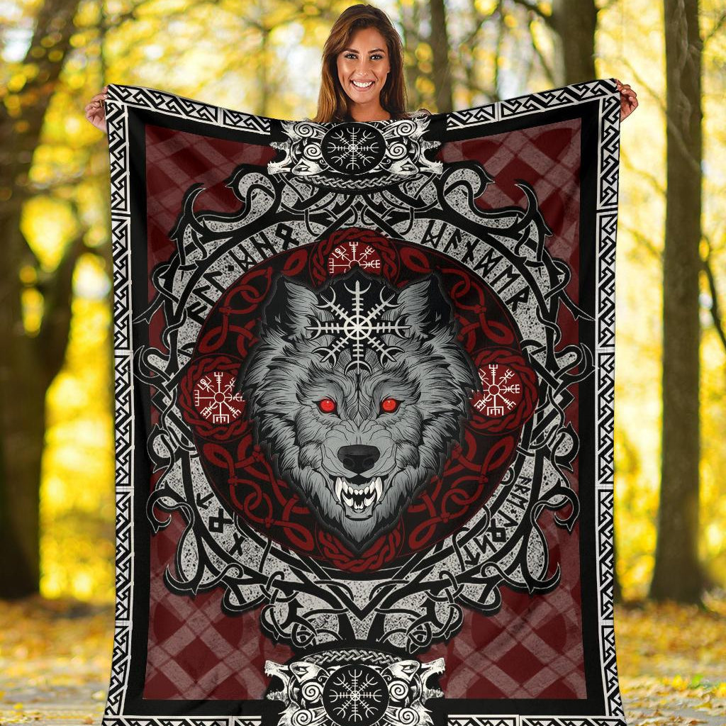 Wolf with Helm of Awe Red Fleece Blanket - VikingsBrand