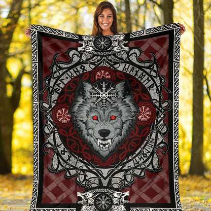 Wolf with Helm of Awe Red Fleece Blanket - VikingsBrand