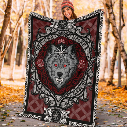 Wolf with Helm of Awe Red Fleece Blanket - VikingsBrand