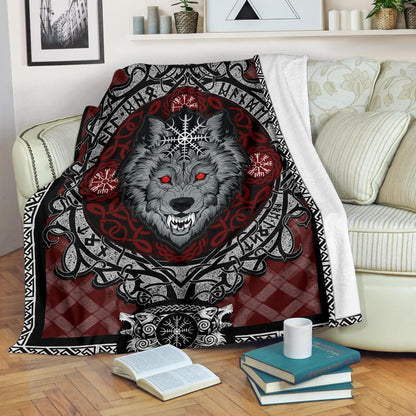 Wolf with Helm of Awe Red Fleece Blanket - VikingsBrand