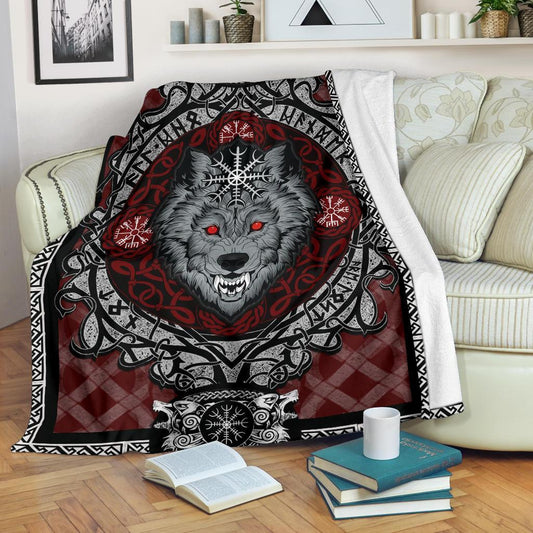 Wolf with Helm of Awe Red Fleece Blanket - VikingsBrand
