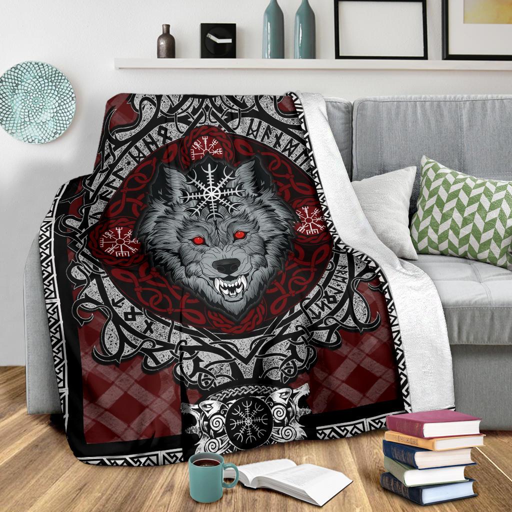 Wolf with Helm of Awe Red Fleece Blanket - VikingsBrand
