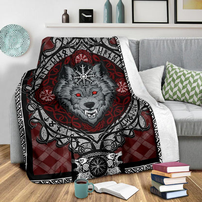 Wolf with Helm of Awe Red Fleece Blanket - VikingsBrand