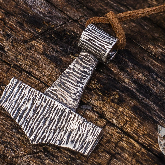 Wooden Style Thor's Hammer 925 Sterling Silver Pendant - VikingsBrand