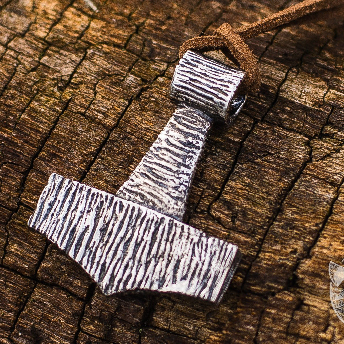 Wooden Style Thor's Hammer 925 Sterling Silver Pendant - VikingsBrand